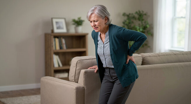Senior woman holding lower back in severe pain at home. Elderly person suffering from backache or spinal issues. Osteoporosis and lumbar degeneration concept