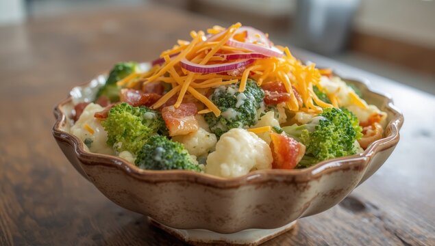 Close-up of a tasty mayo salad featuring broccoli, cauliflower, bacon, cheddar, and red onion in a bowl.