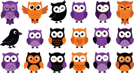 Fototapeta premium Colorful cartoon owl characters in various poses and expressions