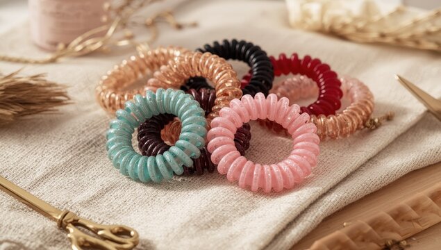 Vibrant spiral hair bands, detailed view. Set of hair accessories, beauty tools, daily styling, fashion element, self-care, salon application, lifestyle idea.
