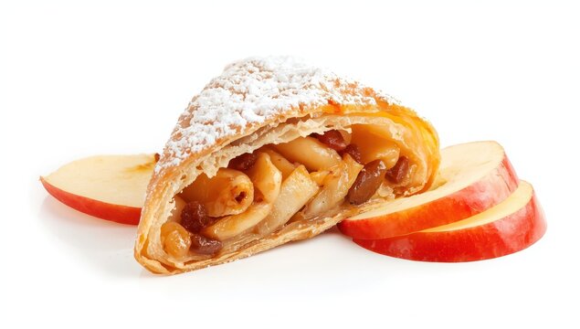 Piece of Austrian apple strudel, layered pastry with apples, raisins, and cinnamon, topped with powdered sugar, traditional dessert.