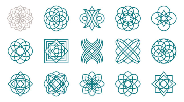 Collection of 15 minimalist geometric line art logos featuring symmetrical mandalas, floral rosettes, and sacred geometry patterns in teal and pink colors on white background.