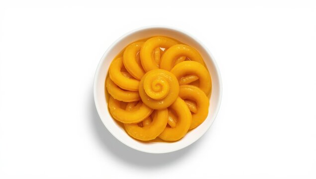 yellow jalebi in a bowl on a light backdrop
