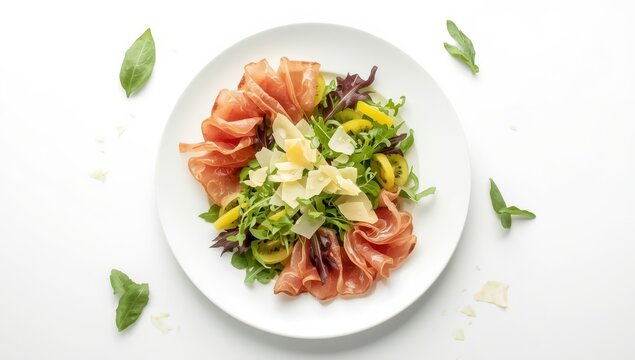 A white dish featuring fresh salad or appetizer with prosciutto, yellow kiwi, arugula, and Parmesan shavings against a white backdrop. Italian cuisine.