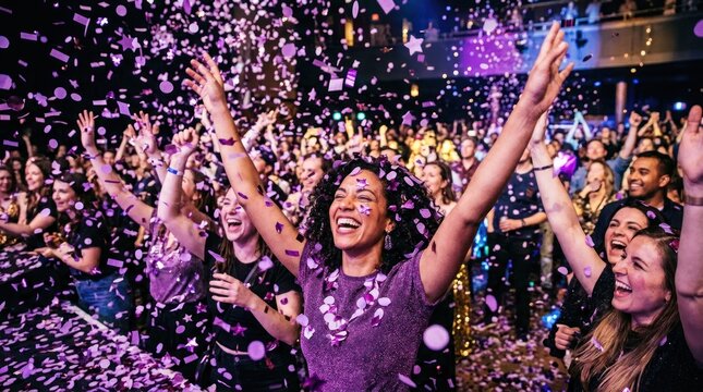 A vibrant party scene with confetti and people dancing in a club.