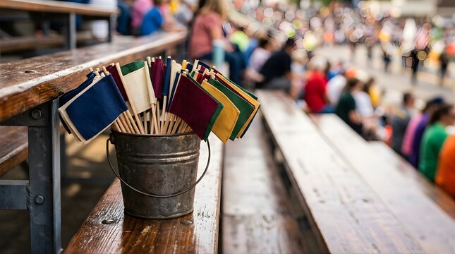 Small colorful hand flags in a metal bucket on stadium bleachers at event