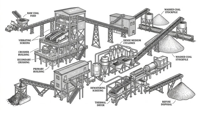 Industrial mining and processing plant with conveyor belts and machinery.