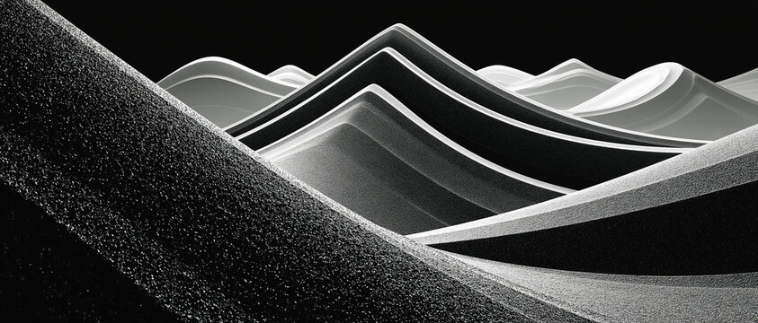 A surreal abstract landscape formed entirely from ultra-fine obsidian dust creating smooth rolling dunes beneath a nearly black background