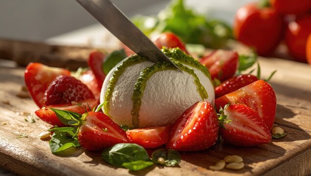 Slicing buffalo mozzarella for a strawberry caprese salad with basil and homemade pesto. Vertical photo.