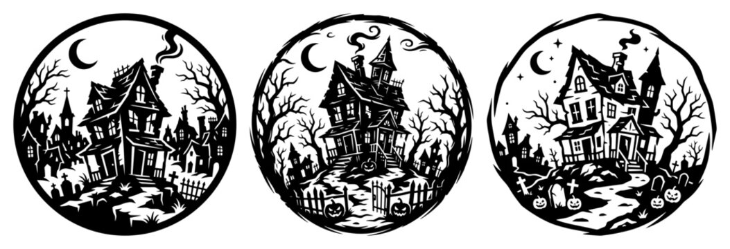 Haunted house mansions in spooky graveyard circle frames vector style
