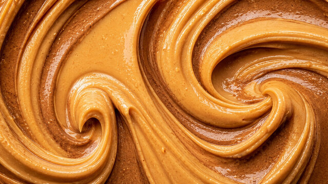 Creamy peanut butter swirl texture with smooth glossy surface in a macro food background.