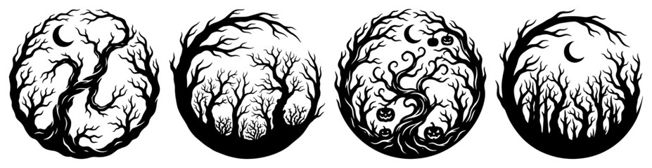 Fototapeta premium Circular set of spooky tree silhouettes with moon and pumpkins in stencil style