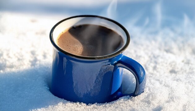 warm beverage in blue mug on snow