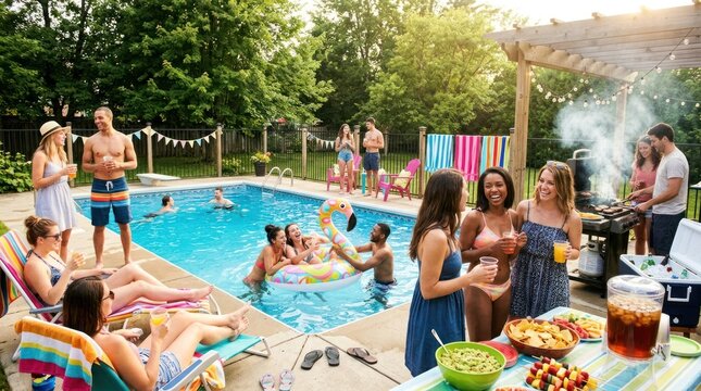 A group of people enjoying a summer pool party in a backyard with a colorful inflatable raft, a grill, and a variety of food and drinks.