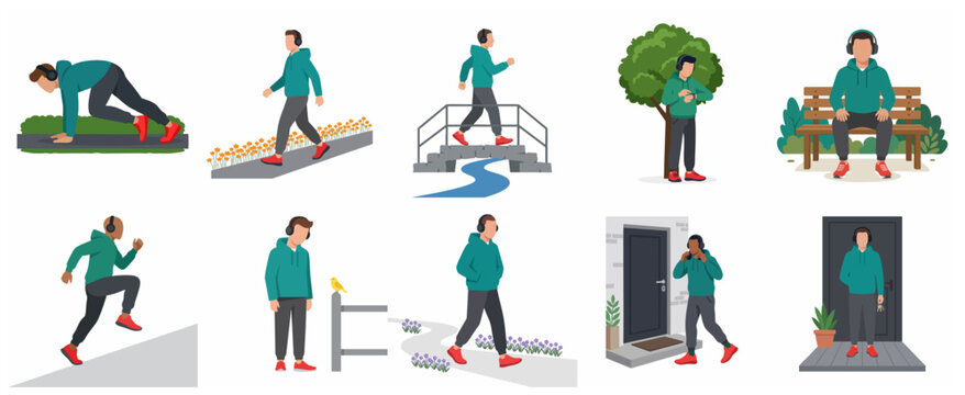 Flat vector illustration set of a young man in a green hoodie and headphones exercising and relaxing outdoors