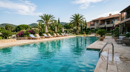 Fototapeta premium A luxurious resort pool with a poolside lounge area and palm trees.