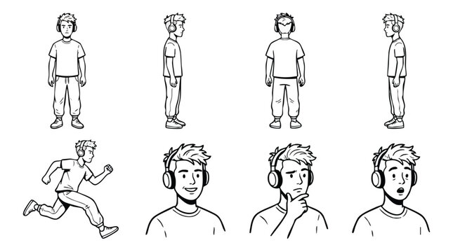 Character Design Sheet of a Young Man with Headphones Line Art