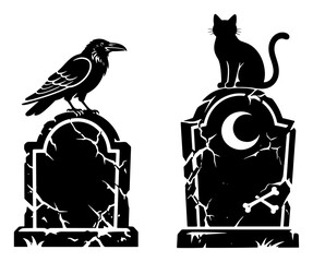 Fototapeta premium Spooky tombstones with raven and black cat in black and white silhouette style