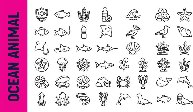 Ocean animal line icon set featuring fish shark dolphin whale octopus crab stingray starfish coral sea life linear vector graphic design