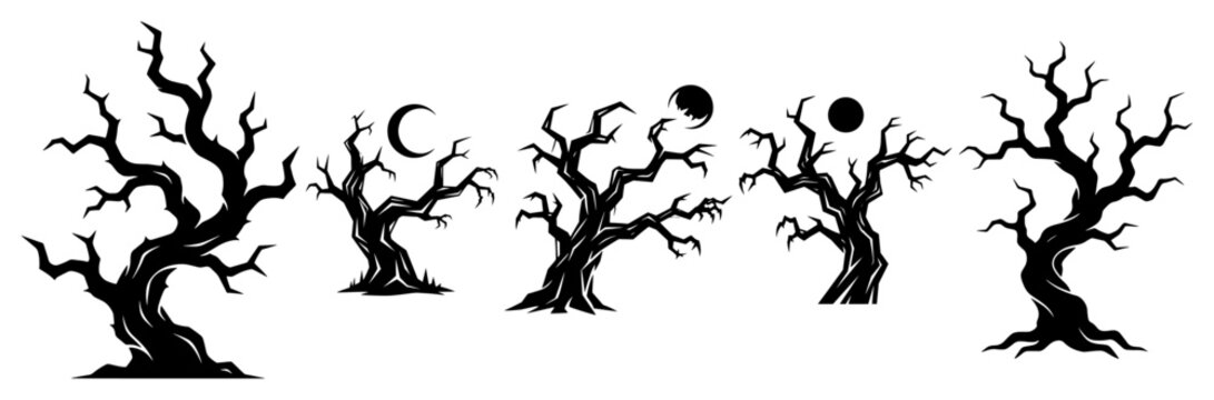 Twisted spooky trees with moon phases collection in silhouette vector style