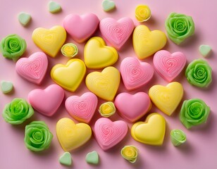 Obraz premium pink and yellow heart candies with green roses