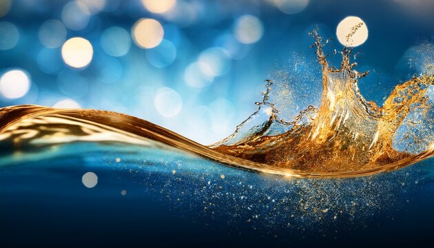 dynamic water wave breaking golden liquid splash vibrant blue sparkling bokeh