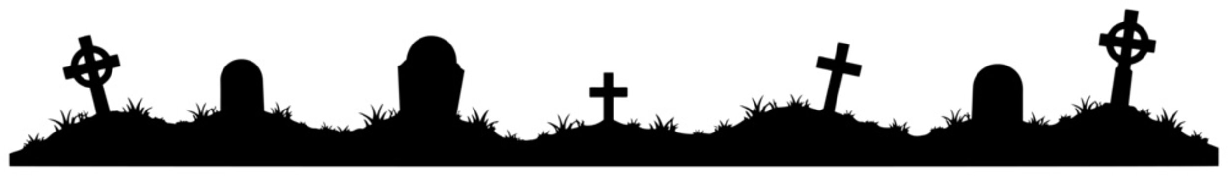 Graveyard panorama with tombstones and crosses on grassy hill in stencil style