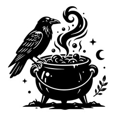 Fototapeta premium Raven perched on witch cauldron with magic steam and crescent moon silhouette style