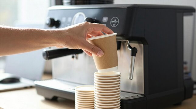Hand places cup at coffee machine in busy cafe during morning rush hour