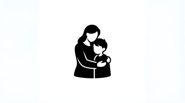 Mother hugging her son silhouette icon isolated on white background, mother and child love concept vector illustration