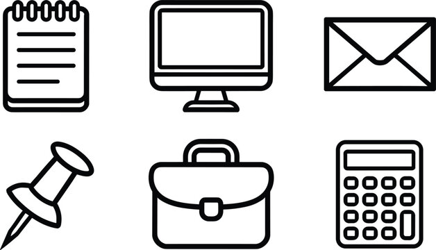 Simple black and white line art vector icon set of office and business essentials featuring a spiral notepad, computer monitor, mail envelope, push pin, briefcase, and calculator, isolated on a white 