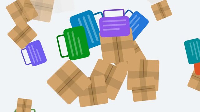 Cardboard delivery boxes and colorful shopping baskets falling down