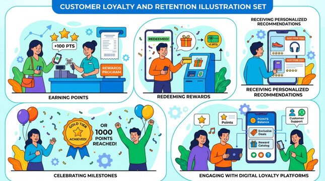 Customer loyalty and retention illustration set showing earning points receiving rewards personalized recommendations celebrating milestones and d