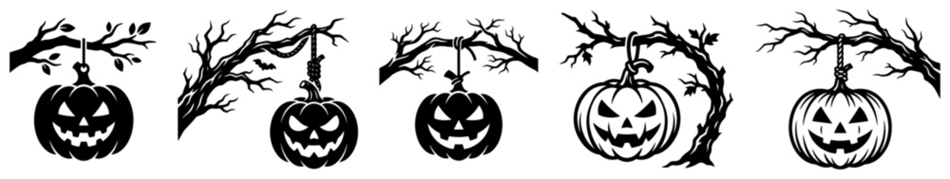Jack-o-lantern pumpkins hanging from gnarled branches in stencil halloween style