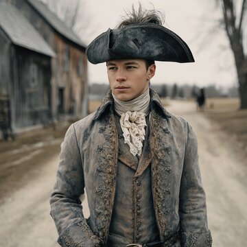 Young man in colonial era tricorn hat and embroidered coat standing on a rural dirt road near old farm buildings