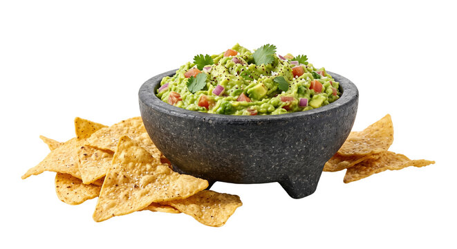 Fresh guacamole dip in stone molcajete with tortilla chips