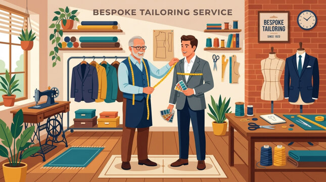 Tailor measuring a client for a bespoke suit in a classic atelier custom clothing service fashion design and craftsmanship