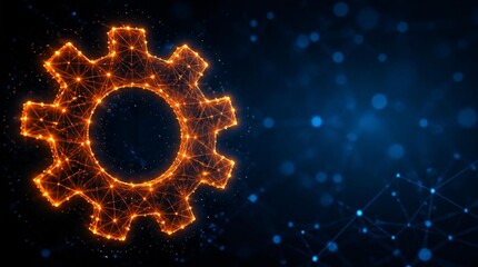 Fototapeta premium Orange gear lights up and connects to digital network of lines and particles.