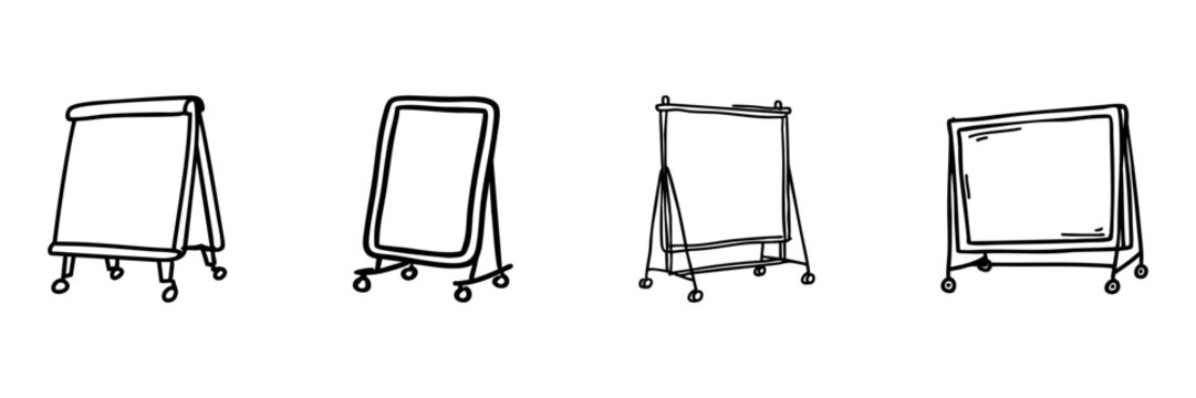 Flipchart And Whiteboard In Hand Drawn Style Set. Office Presentation Tools Doodle Sketch Collection. Ideal For Business And Education Contexts. Isolated Vector Illustration