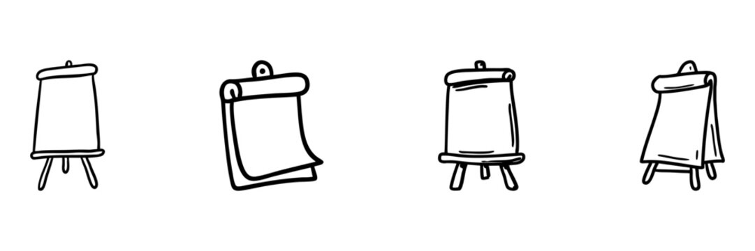 Easel And Flipchart In Hand Drawn Style Set. Presentation And Planning Doodle Sketch Collection. Business And Education Context. Isolated Vector Illustration