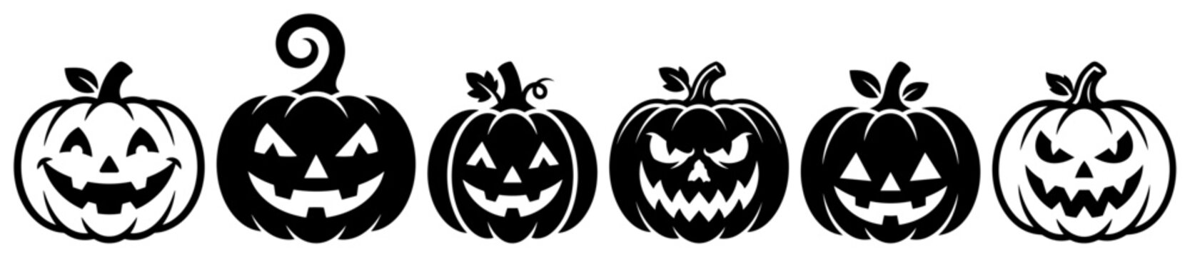 Row of various carved Halloween pumpkins in black and white silhouette border style