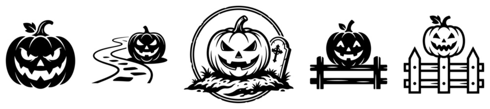 Halloween scene elements with pumpkins cemetery and spooky path in black and white silhouette style