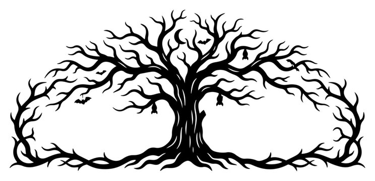 Gnarled dead tree with small bats and twisted branches in spooky Halloween silhouette style