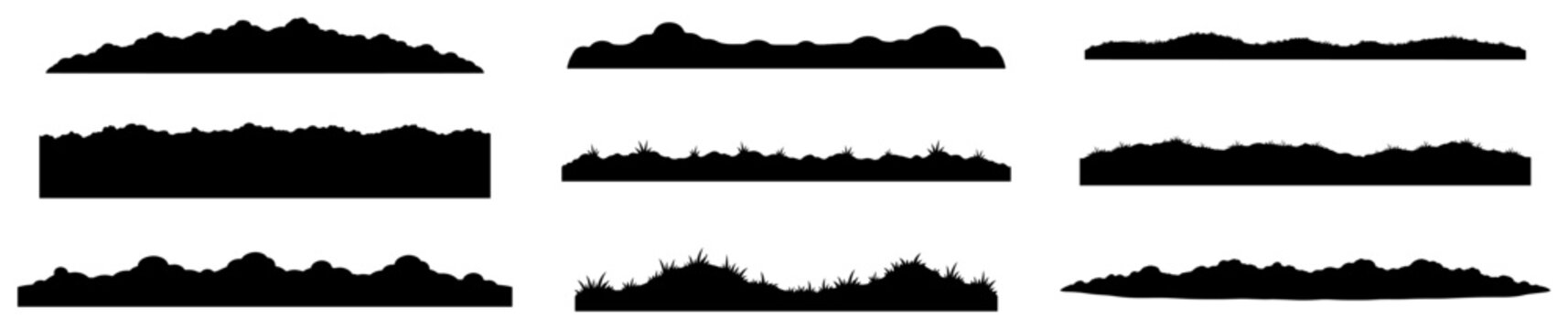 Ground silhouette borders set with grass and uneven terrain for landscape design