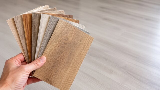 Hand Holding Luxury Vinyl Flooring Samples for Home Interior Design Selection