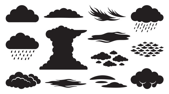 Clouds set vector icon, different shapes and types of clouds, black cloud silhouettes.