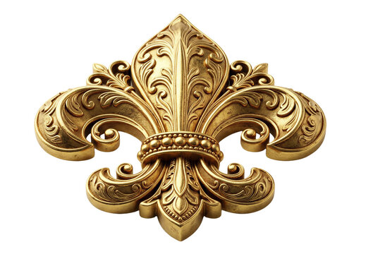 A gold fleur-de-lis symbol with intricate designs on a white background isolated on a transparent background