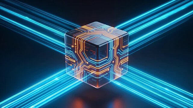 Cube with glowing circuit lines