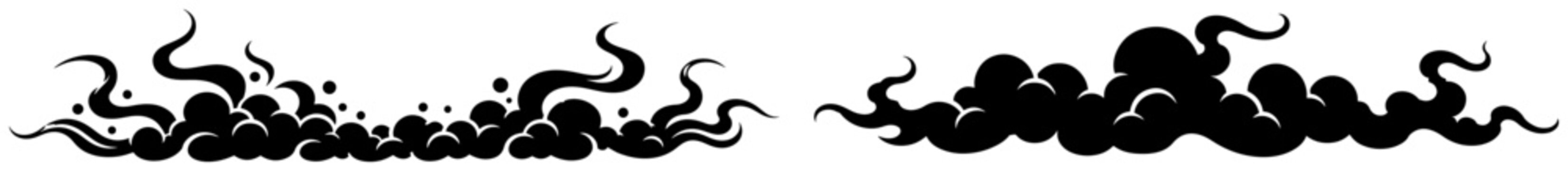 Decorative smoke or fog horizontal borders in swirly black and white silhouette style