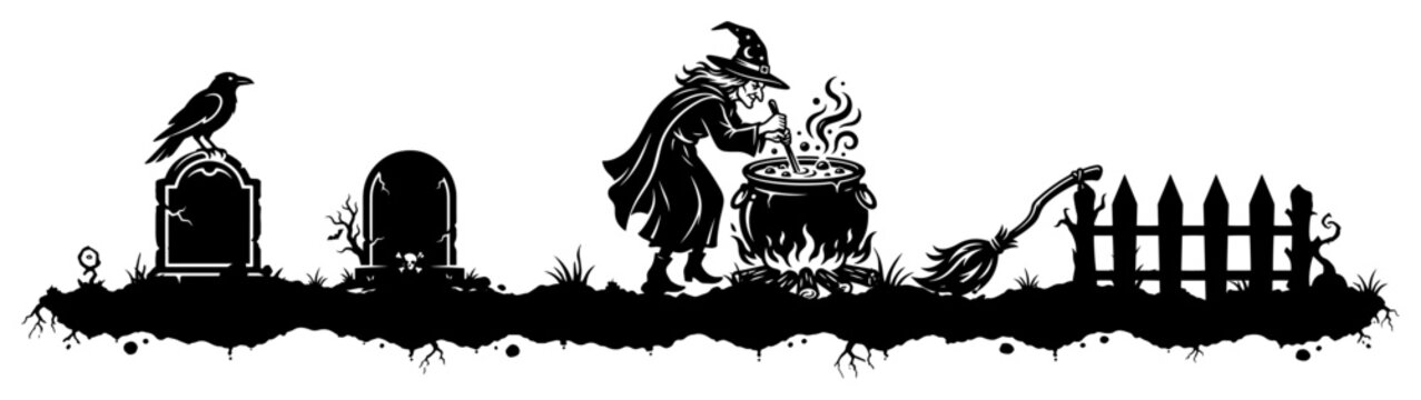 Witch stirring cauldron with crow on gravestone and broom in stencil style